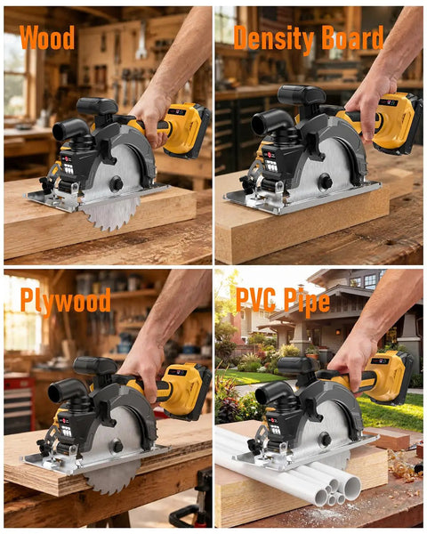 High-Output 6 1 2-Inch Cordless Circular Saw For Gnarly Cuts On Any 20V System includes cutting wood, density board, plywood, and PVC pipe.