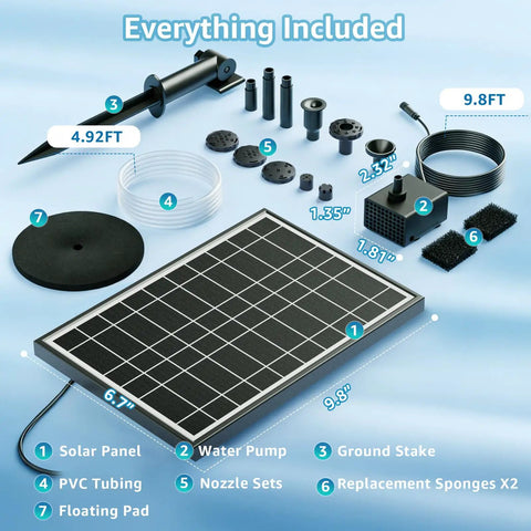 Solar Bird Bath Fountain Pump 8.5W Outdoor Solar Water Pump With 7 Spray Modes And 5 Ft Tubing, components spread out