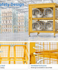 Upgraded Propane Tank Storage Box For Four Cylinders, powder coated yellow, ventilated design, visible in warehouse setting