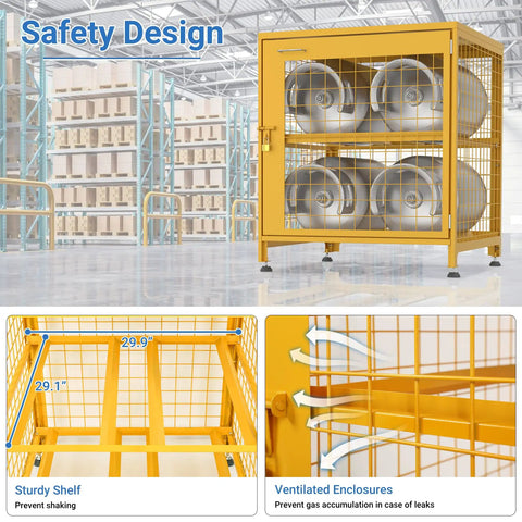 Upgraded Propane Tank Storage Box For Four Cylinders, powder coated yellow, ventilated design, visible in warehouse setting