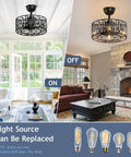 Dope Matte Black Crystal Cage Ceiling Fan With Light in living room with replaceable bulb options, industrial farmhouse style