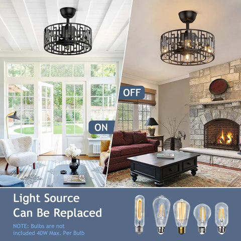 Dope Matte Black Crystal Cage Ceiling Fan With Light in living room with replaceable bulb options, industrial farmhouse style