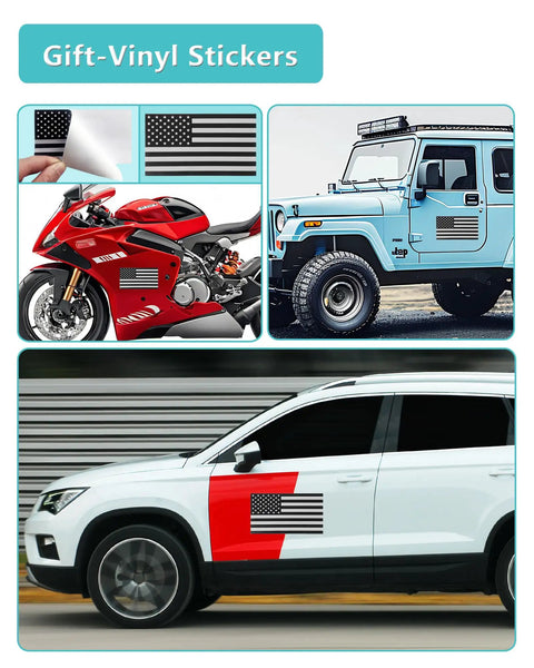 Gift vinyl stickers with USA flag on various vehicles including a motorcycle, off-road Jeep, and SUV car door.