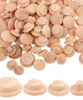 120Pcs Wooden Screw Hole Plugs for Furniture With Mushroom Head Covers in four sizes, shown on white background
