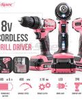 Front view of Pink Cordless Drill Set 18V With 18Nm Torque And 550 RPM Includes Driver Bit Set in carrying case for DIY projects.