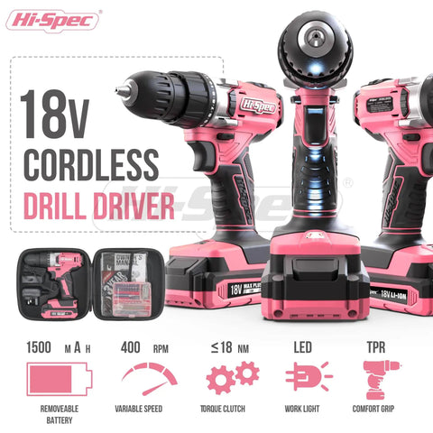 Front view of Pink Cordless Drill Set 18V With 18Nm Torque And 550 RPM Includes Driver Bit Set in carrying case for DIY projects.