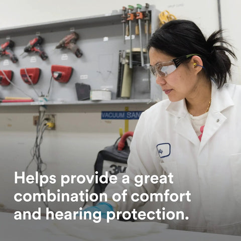 Worker wearing Premium Foam Ear Plugs For Noise Reduction With Super Comfy Fit Disposable 200 Pairs Regular Size