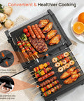 Svuineek 14 Inch Electric Indoor Grill With Panini Press Functionality 1600W Power grilling sausages, shrimp and veggies.