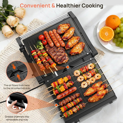 Svuineek 14 Inch Electric Indoor Grill With Panini Press Functionality 1600W Power grilling sausages, shrimp and veggies.