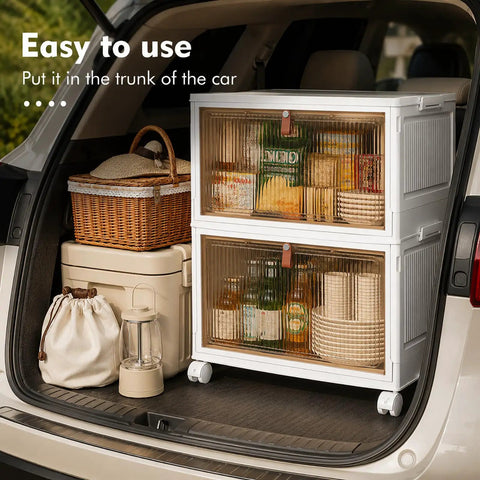 Heavy Duty 28 Quart Stackable Storage Totes With Roll Along Wheels Premium Plastic Home Stash Organizer in car trunk.