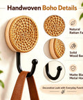 Four Pack Slick Boho Wall Hooks Decorative Wide Opening Coat Rack For Towels Backpacks And Purses With Rock Solid Screw Mount Heavy Duty Home Storage For Keys Jewelry And Everyday Carry, featuring handwoven natural rattan and solid wood base.