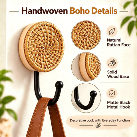 Four Pack Slick Boho Wall Hooks Decorative Wide Opening Coat Rack For Towels Backpacks And Purses With Rock Solid Screw Mount Heavy Duty Home Storage For Keys Jewelry And Everyday Carry, featuring handwoven natural rattan and solid wood base.