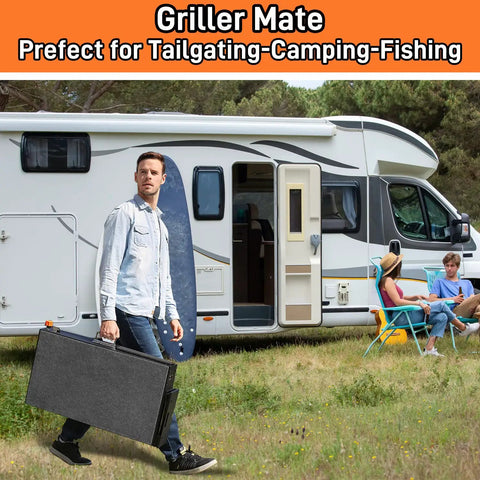 Person holding Portable Griddle Table Cart For 17 Inch And 22 Inch Griddles Foldable Outdoor Stand with RV in the background, ideal for tailgating.