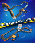 Action Packed High Speed Slot Car Race Track Set With Four Cars And Dual Controllers showing two assembly methods