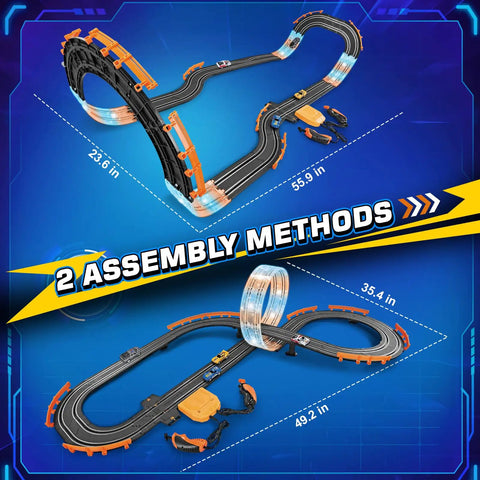 Action Packed High Speed Slot Car Race Track Set With Four Cars And Dual Controllers showing two assembly methods