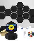 Cut Through Echo Chaos With Heavy Duty Self Adhesive Acoustic Panels Ultra High Density Polyester Sound Absorbing Foam Hexagon Wall Tiles Snaps Right Up To Tighten Room Sound Block Reverb And Level Up Any Space Quick Black Large - Black hexagon acoustic panels on wall with packaging.