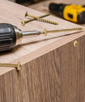Massive 200 Pcs Lag Screws Set For Exterior Wood Construction Size 14 By 3 Inch With Torx Star Drive Heavy Duty Exterior Coated Yellow Finish Built For Tough Jobs Threlaco on wood surface