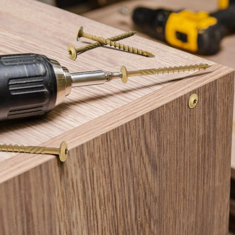 Massive 200 Pcs Lag Screws Set For Exterior Wood Construction Size 14 By 3 Inch With Torx Star Drive Heavy Duty Exterior Coated Yellow Finish Built For Tough Jobs Threlaco on wood surface