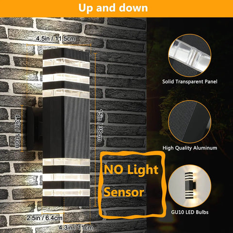Two Pack LED Square Up And Down Outdoor Wall Lights With Durable Aluminum Body Easy Install IP65 Weatherproof GU10 Compatible