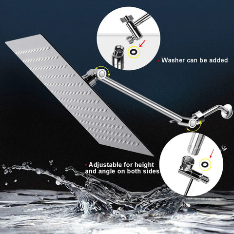 12 Inch High Pressure Square Rain Showerhead With 11 Inch Adjustable Arm Delivers Full Body Coverage In Stainless Steel That Is Corrosion Resistant And Durable For A Luxury Spa Style Bathroom Upgrade Built To Last, showing adjustable angles.