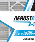 20x25x5 MERV 13 Air Filter For Allergies Dust Pet Dander And Smoke, 2 Pack with Aerostar branding and AC Furnace Filters label