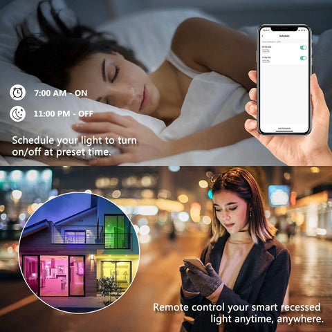 Image of smartphone controlling Color Changing 6 Inch Slim LED Recessed Light Kit with remote schedule and night city scene
