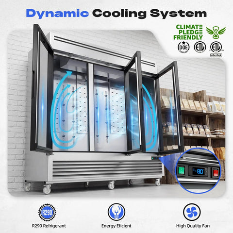 Workhorse Commercial Upright Freezer 72 Cubic Feet Stainless Steel Reach In Display Cabinet with three glass doors and dynamic cooling system.