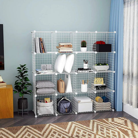 Wire Cube Storage Organizer Freely Configurable 20-Cube Grid Shelving System for Books Toys Clothes Plants and Pets in living room