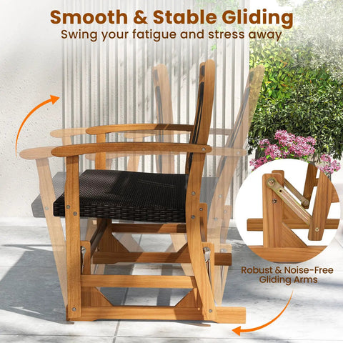 Side view of Two Person Wooden Outdoor Glider Bench with Acacia Wood Armrests and Wicker Back and Seat Rocking Patio Loveseat.