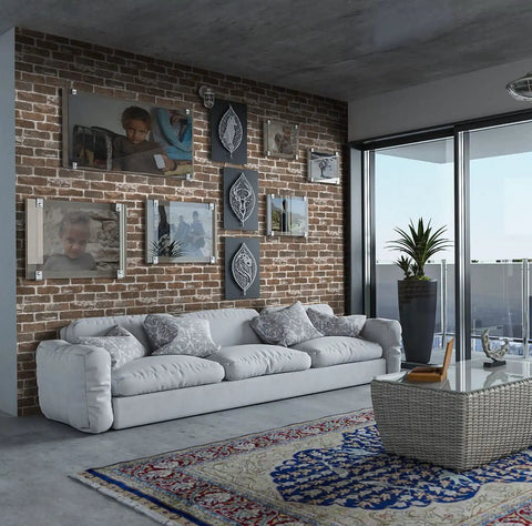 Living room with Brown Brick Peel And Stick Wallpaper Roll 17.7 Inches By 393.7 Inches No Glue Needed Easy Peel And Stick Self Adhesive Vinyl Faux 3D Textured Brick Look Waterproof Durable PVC Perfect For Quick Home Makeovers on feature wall.