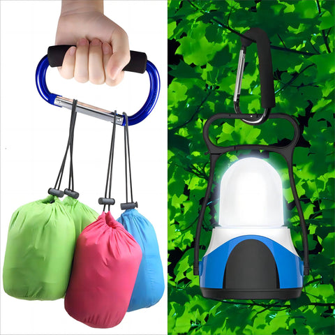 Hand holding Three Pack 5.2 Inch Carabiner Stroller Hooks Dope Heavy Duty Clips For Hanging Bags Coats Lunch Boxes On Your Baby Stroller Handle Black Perfect For Busy Moms And Dads On The Go