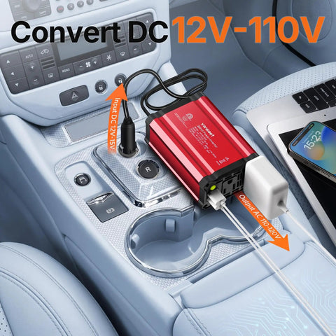 Heavy Duty 300 Watt Car Power Inverter, Plug And Play Dc 12v To 110v Ac Conversion with USB ports in car console.