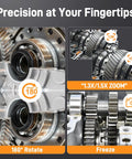 Close-up of Dual Lens Endoscope With Light for Auto HVAC Wall and Home Inspections Mechanic Borescope Camera lens and gears.