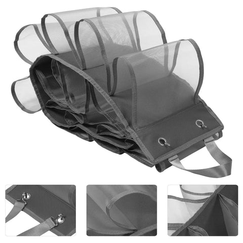 Heavy Duty Hanging Closet Organizer And Dual Purpose Door Panel Rack For Leggings Pants Towels And Sneakers With Secure Fabric Hooks, grey mesh design.