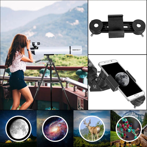 Woman using Beginner Friendly 80mm Refractor Telescope for Adults With 800mm Focal Length High Power Stargazing Kit Including AZ Mount Carry Bag and Phone Mount for Clear Bright Night Sky Views on a balcony with mountain view