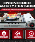 12,000 BTU Portable Butane Stove For Camping And Outdoor Cooking With Electronic Ignition, Wind Guard, Safety Features Displayed