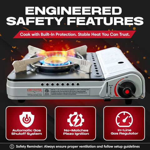 12,000 BTU Portable Butane Stove For Camping And Outdoor Cooking With Electronic Ignition, Wind Guard, Safety Features Displayed