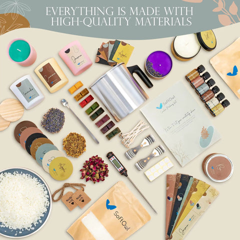 Premium Soy Candle Making Kit Full Set With Soy Wax 7 Oz Jars And Tins, 7 Pleasant Scents, Color Dyes And More For DIY Starter Scented Candles And Home Decor displayed.
