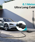 Rock Solid EV Charger Extension Cable With J1772 To Tesla Adapter For Smooth Level Two Charging 40 Amp 20 Foot Electric Vehicle Power Cord connected to two vehicles.
