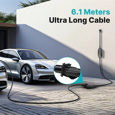 Rock Solid EV Charger Extension Cable With J1772 To Tesla Adapter For Smooth Level Two Charging 40 Amp 20 Foot Electric Vehicle Power Cord connected to two vehicles.