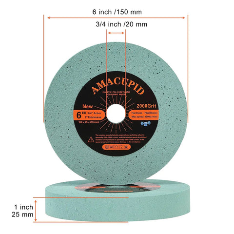 Six Inch Elastic Polyurethane Buffing Wheel Two Thousand Grit Yields Ridiculously Smooth Mirror Polish On Stainless Steel And Copper With Three Quarter Inch Arbor Knockout Addition To Your Bench Grinder Setup, shown with dimensions.