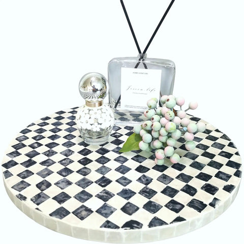 Lazy Susan Organizer With Boho Checkered Mother Of Pearl Inlay 12 Inch Rotating Tray displaying perfume and decor