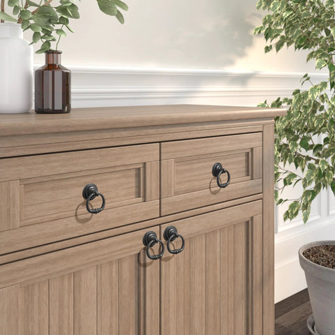 Provence Collection Matte Black Iron Ring Pull on wooden cabinet, traditional cabinet hardware for kitchen or furniture use