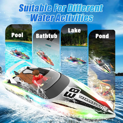 RC Boat With LED Lights, Self Righting, Waterproof Remote Controlled Watercraft For Pools, Lakes, And Baths, Over 40 Minutes
