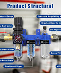 1/4 Inch NPT Air Filter Regulator Lubricator Combo With Water And Oil Separator, Brass Desiccant Dryer, Semi Auto Drain, Blue Metal Bracket