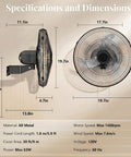 Dimensions and specifications of 18 Inch Oscillating Wall Mount Fan With 3 Speed High Velocity Breeze, Beast Mode Power, 90 Degree Oscillation And 30 Degree Tilt, Great For Home, Office, Garage, Greenhouse, Patio Or Workshop, ETL Certified.