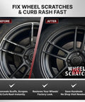 Snatch These Bold Anthracite And Dark Gray Rim Touch Up Paint Pens For Hella Quick Wheel Scratch Repair On Alloy Rigs With Super Slick Matte Finish Restoration, before and after wheel scratch repair comparison.