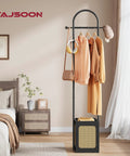 Coat Rack Stand With Wooden Base And Rattan Design Three In One Clothes Organizer With Six Hooks in bedroom setting