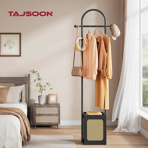 Coat Rack Stand With Wooden Base And Rattan Design Three In One Clothes Organizer With Six Hooks in bedroom setting