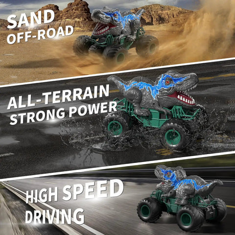 Epic 2.4GHz RC Dinosaur Car With Light Sound And Sprayer showcasing off-road, all-terrain, and high-speed driving capabilities.